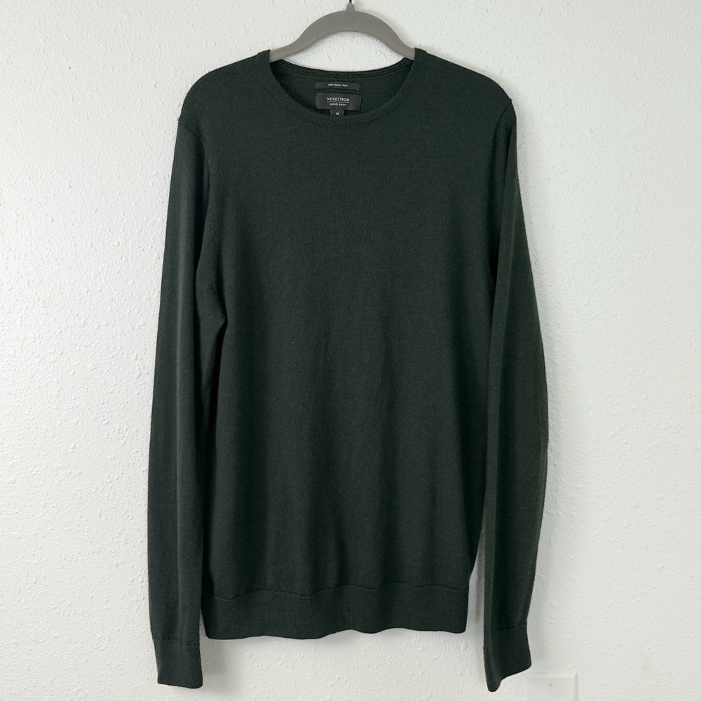 Nordstrom Men's Dark Green 100% Merino Wool Basic Luxury Sweater Crew Neck M